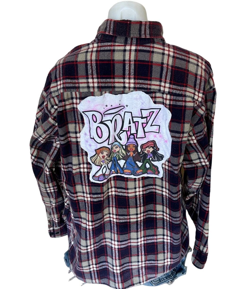 Bratz Plaid Flannel Shirt LARGE Oversized Upcycle Unique Grunge Y2K Shacket